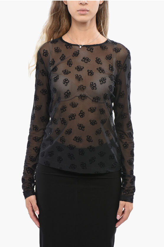 Maccapani Sheer Skimpy Top With Velvet Embroidery Floral Motif In Black