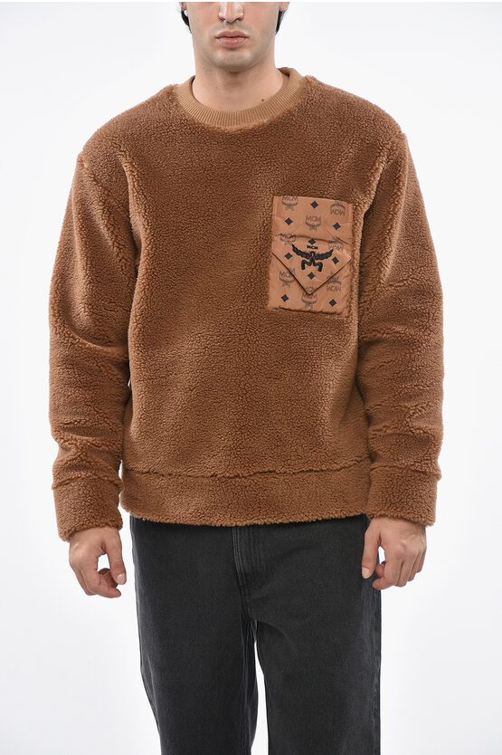 Mcm Sherpa Fabric Crew-neck Sweatshirt With Breast Pocket In Brown