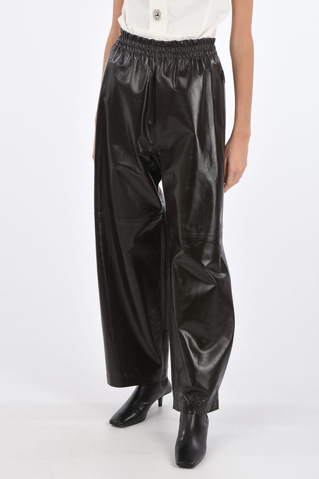 Bottega Veneta Shiny Leather Pants with Waistband and Ankle Velcro