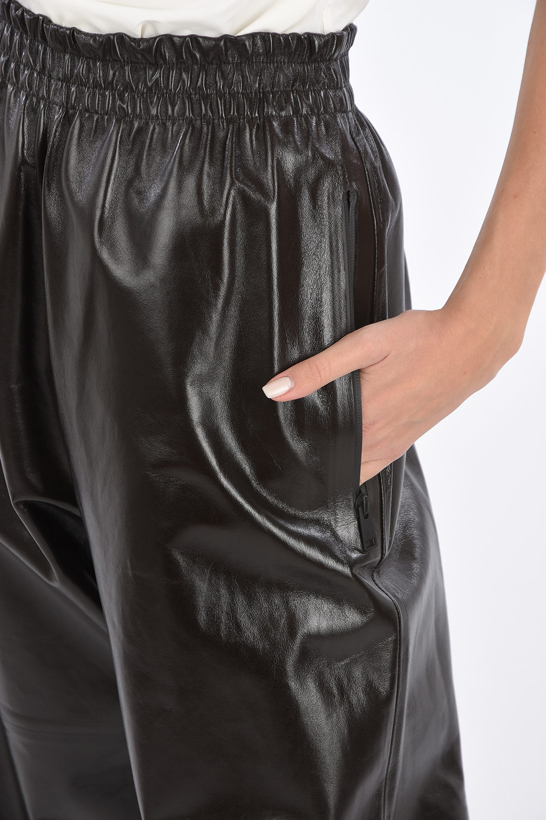 Bottega Veneta Shiny Leather Pants with Waistband and Ankle Velcro