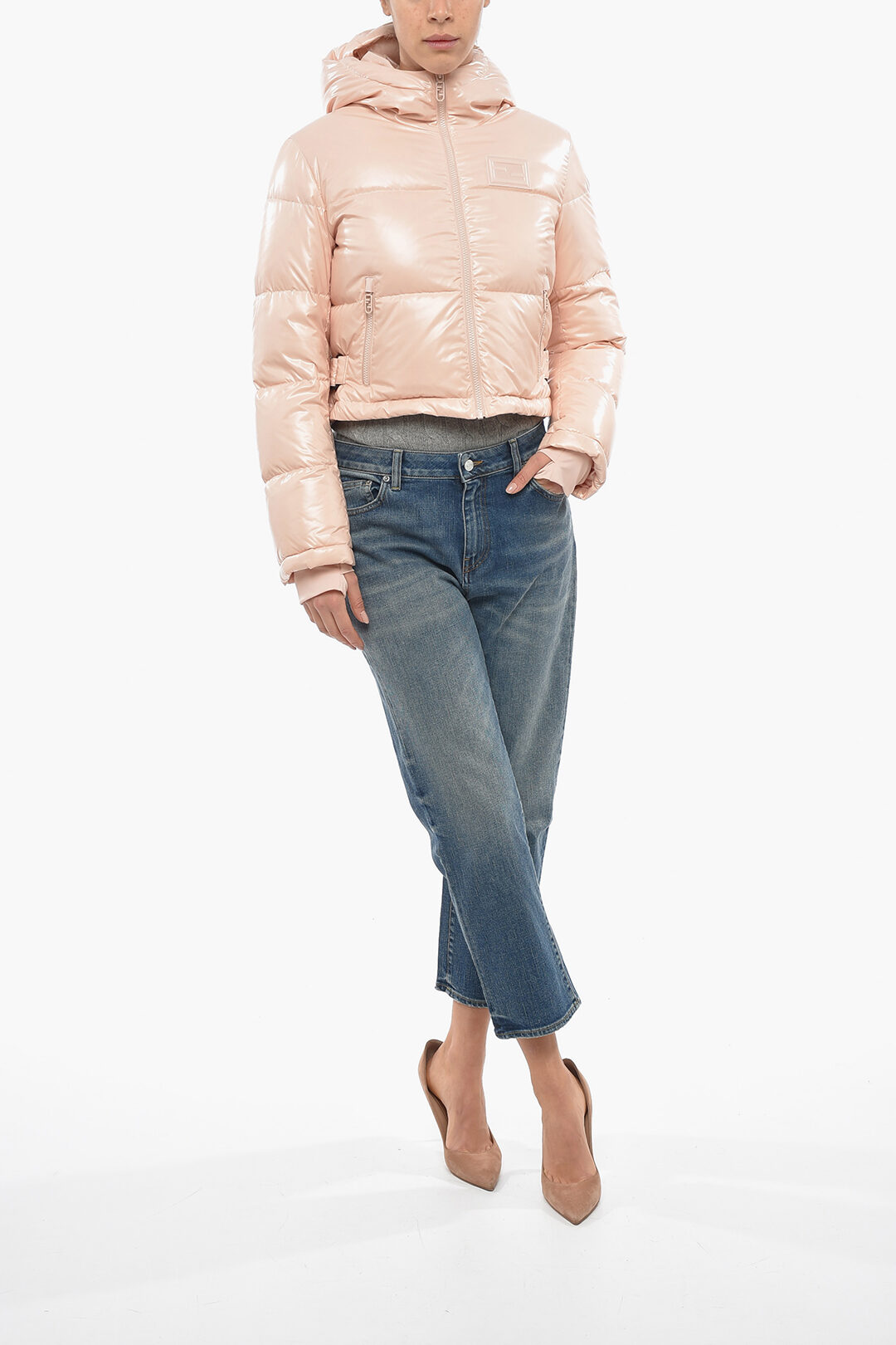 Fendi Shiny Nylon Cropped Down Jacket with Embossed Monogram Fendi Shiny Nylon Cropped Down Jacket with Embossed Monogram