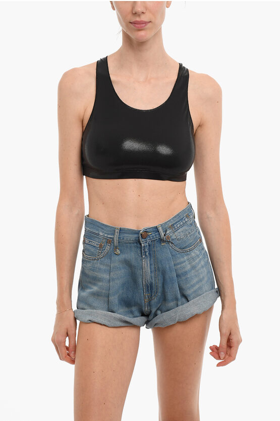 Oseree Shiny Stretch Fabric Cropped Top In Black