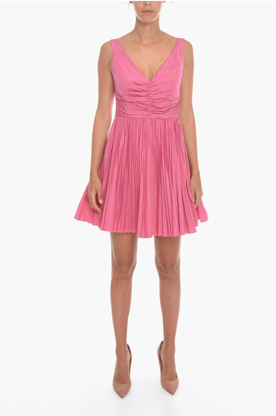 Red Valentino Shiny-taffeta Empire Dress With Flared Pleated Skirt In Pink