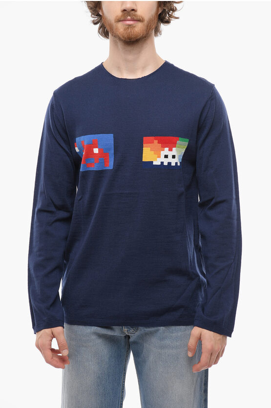 Comme Des Garçons Shirt Wool Crew-neck Sweater With Embroidery In Blue