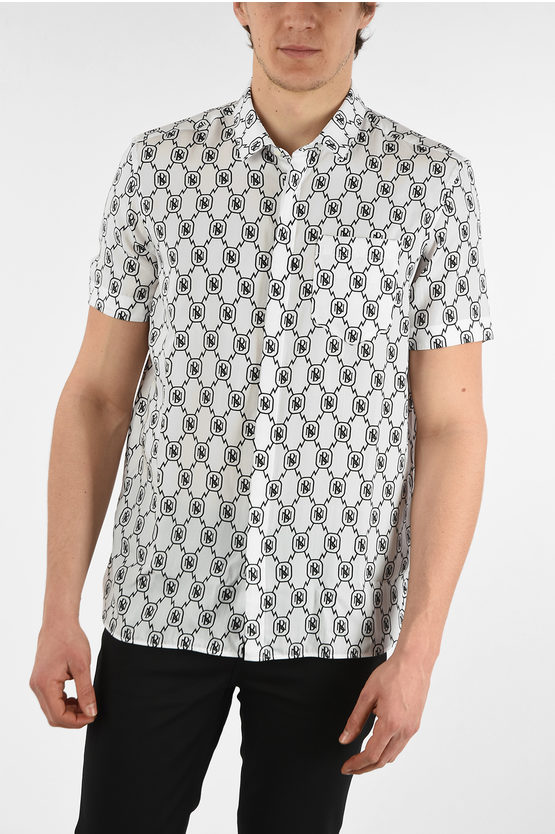 Shop Neil Barrett Short Sleeve All-over Monogram Spread Collar Shirt With Brea