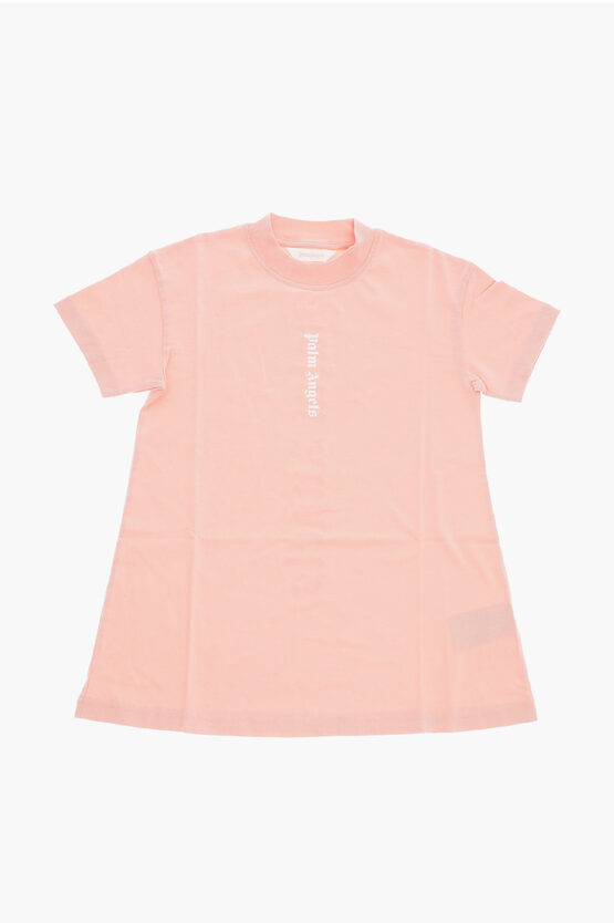 Palm Angels Short Sleeve Crew-neck Tee Dress With Printed Logo In Pink