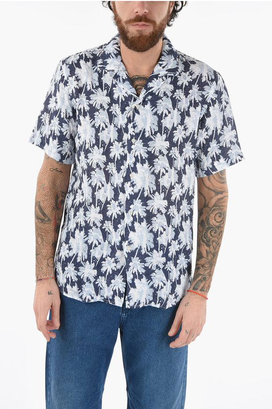 Altea Short Sleeve Flax Baker Shirt With Printed Palm Trees In Blue