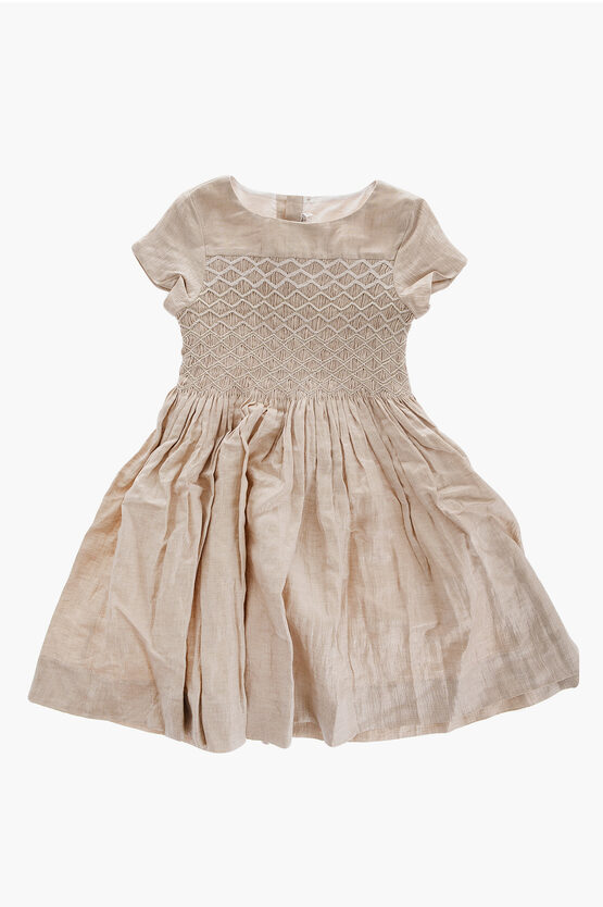Bonpoint Short Sleeve Linen Blend Dress With Pleated Detail In Brown