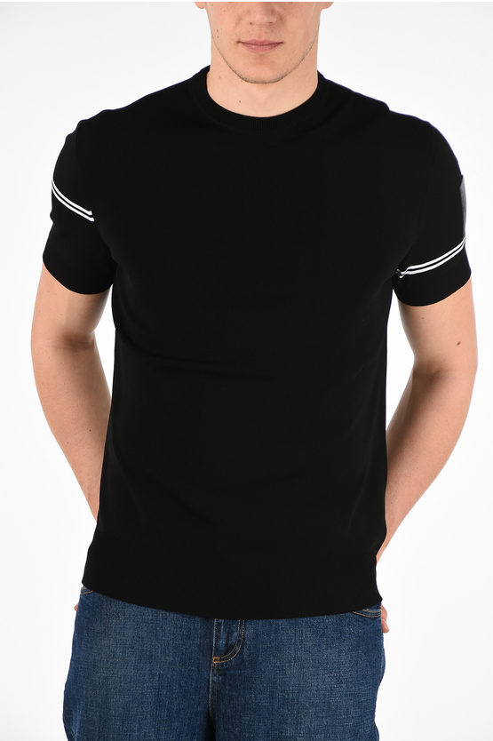 Neil Barrett Short Sleeve Off-centered Stripe Slim Fit Sweater In Black
