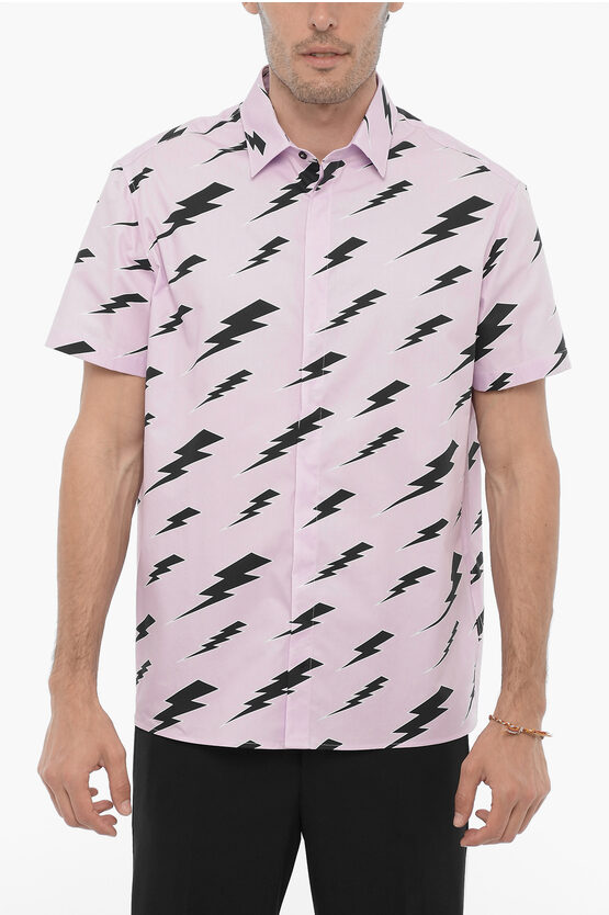 Shop Neil Barrett Short Sleeve Shirt With All-over Thunderbolt Print