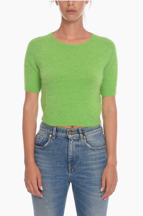Roberto Collina Short-sleeved Angora Blend Crop Sweater In Green