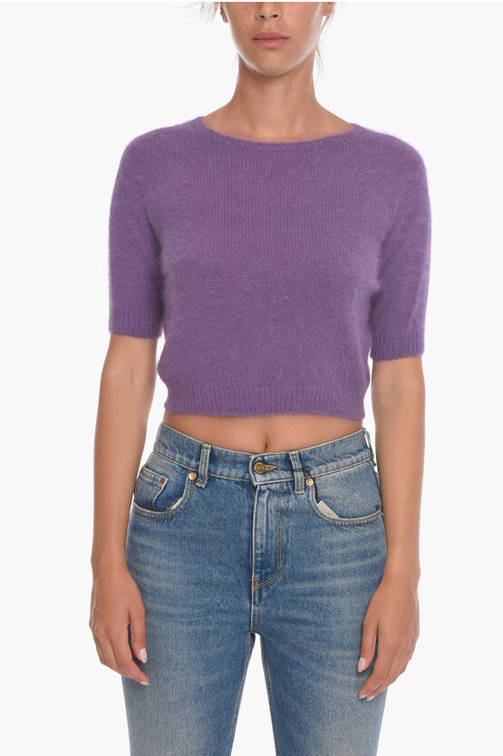 Roberto Collina Short-sleeved Angora Blend Crop Sweater In Purple