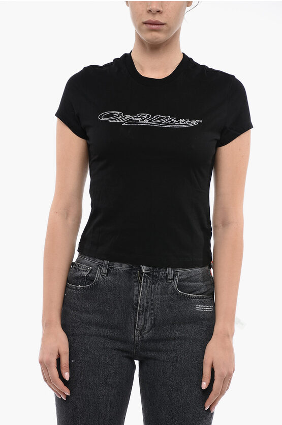 Off-white Short Sleeved Bling T-shirt With Rhinestones Logo In Black