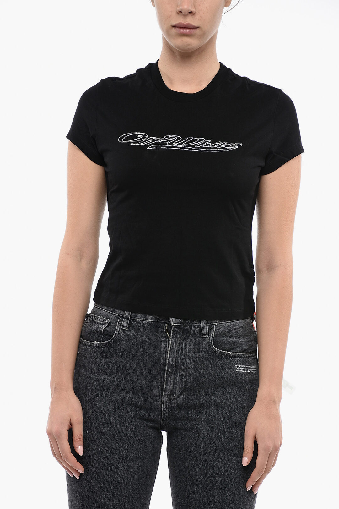 Off-White Short Sleeved BLING T-shirt With Rhinestones Logo women - Glamood  Outlet