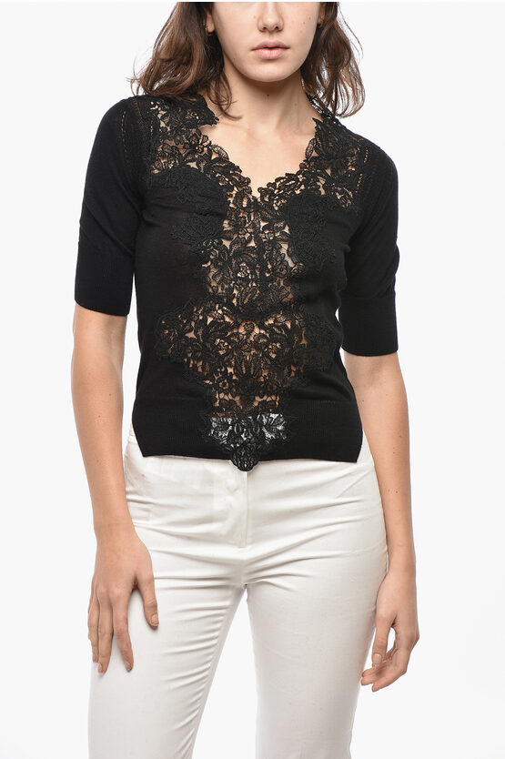 Ermanno Scervino Short-sleeved Cashmere Blend Sweater With Lace Detail In Black