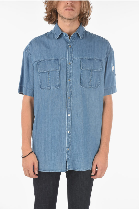 Shop Neil Barrett Short Sleeved Chambray Shirt With Double Breast Pocket