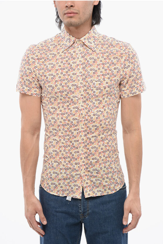 Corneliani Short-sleeved Cotton Blend Shirt With Geometric Pattern