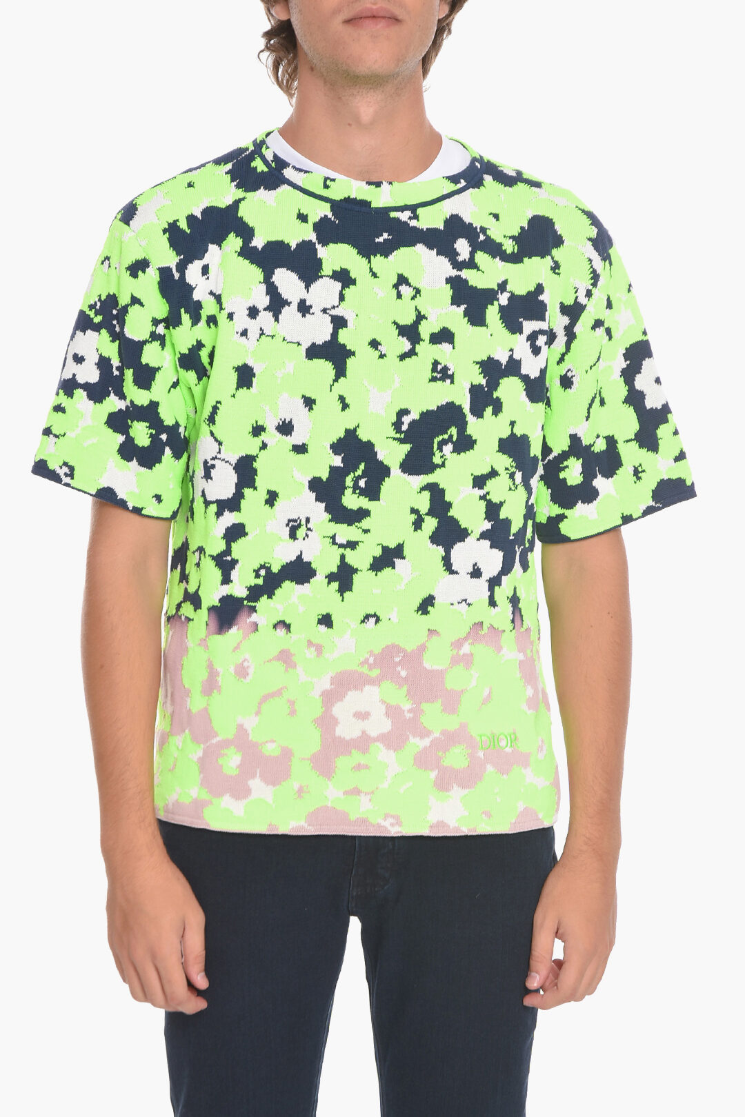Dior Short-sleeved Cotton Blend Sweater with Floral Motif men