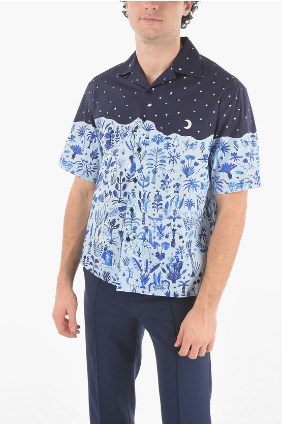 Neil Barrett Short-sleeved Dancing In The Moonlight Camp Collar Shirt In Blue