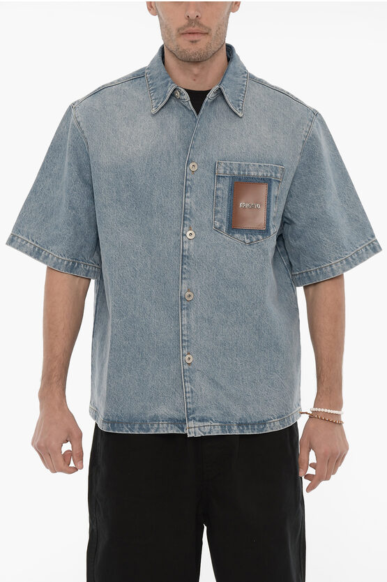 Axel Arigato Short-sleeved Denim Shirt With Metal Logo In Gold
