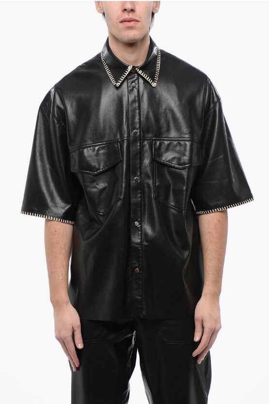 Nanushka Short Sleeved Faux Leather Shirt With Raffia Stitching