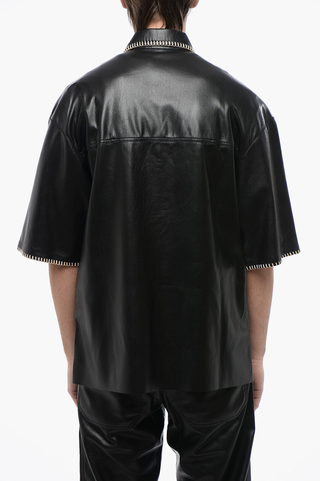 Nanushka Short Sleeved Faux Leather Shirt with Raffia