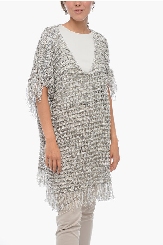 Fabiana Filippi Short-sleeved Flax Blend Crochet Sweater With Fringes