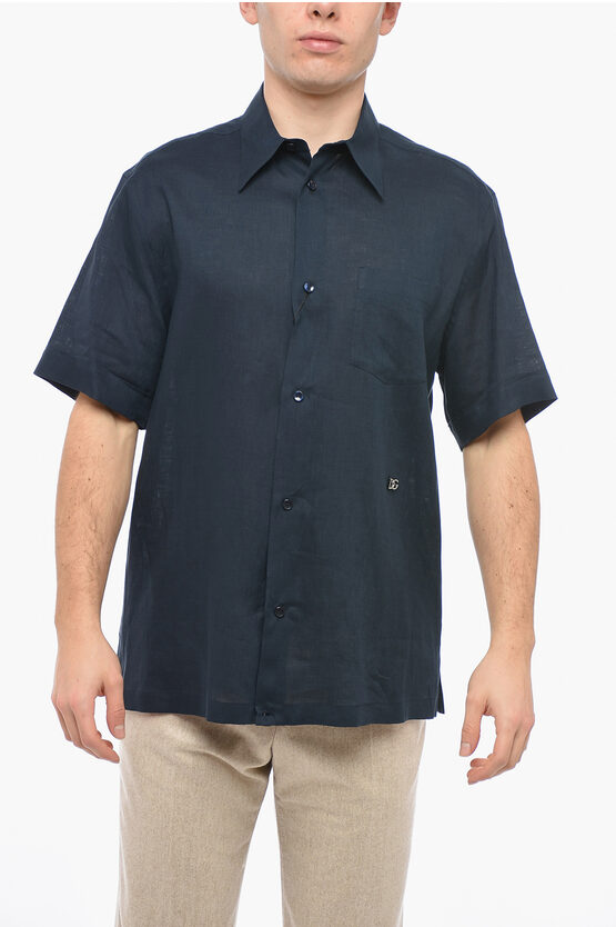 Dolce & Gabbana Short-sleeved Flax Shirt With Spread Collar In Blue