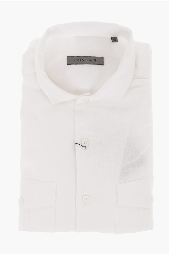 Corneliani Short-sleeved Flax Shirt With Utility Pockets In White