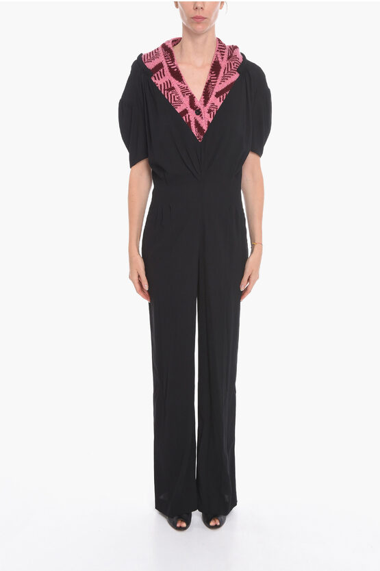 Shop Prada Short-sleeved Jumpsuit With Jacquard V-neck