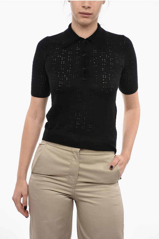 Chloé Short-sleeved Perforated Silk Blend Polo In Black