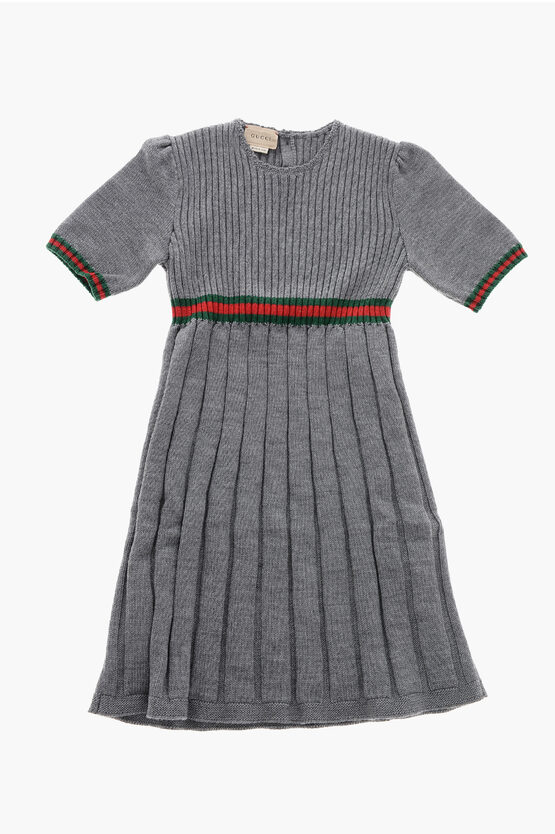 Gucci Short Sleeved Ribbed Wool Dress In Gray