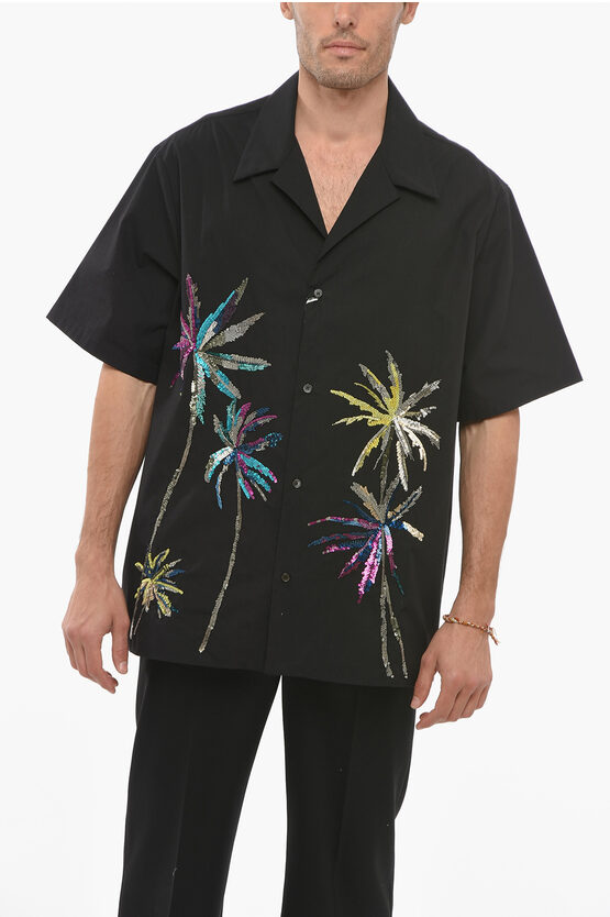 Valentino Short Sleeved Shirt With Sequins Embroidery In Black