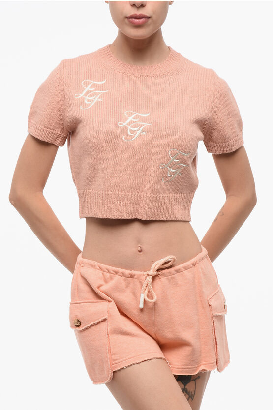 Elisabetta Franchi Short-sleeved Sweater With Embroidered Logo In Neutral