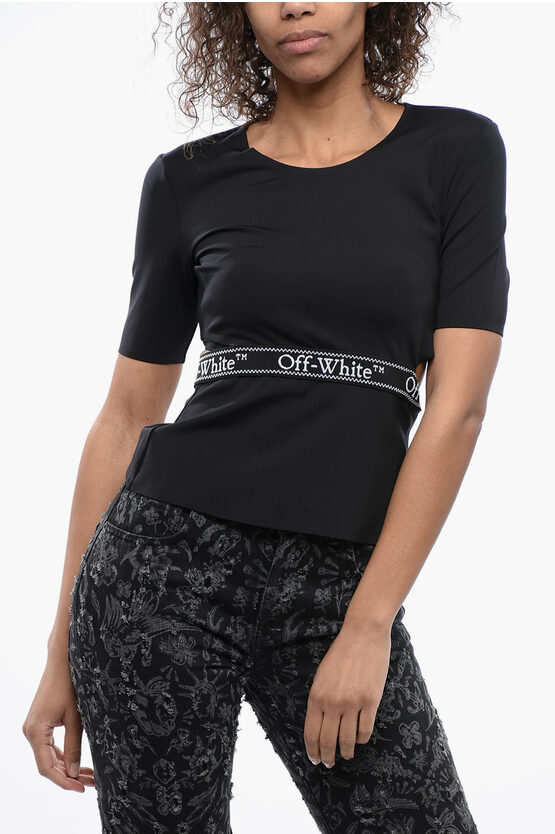 Off-white Short Sleeved Tight-fitting Top With Cut-out Detail