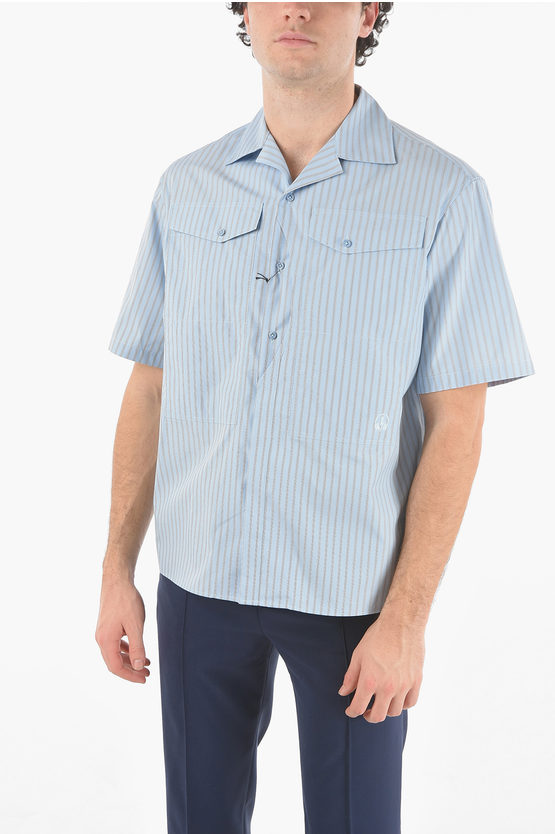 Neil Barrett Short-sleeved Workwear Bowling Bayadere Striped Shirt In Blue