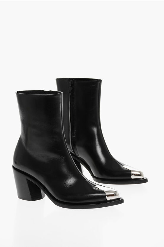 Shop Alexander Mcqueen Side Zip Leather Booties With Point Metal Toe 7cm