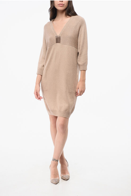 Brunello Cucinelli Silk And Cashemere Sequined Dress In Neutral