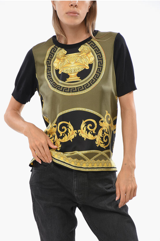 Versace Silk And Virgin Wool Iconic Printed Top In Black