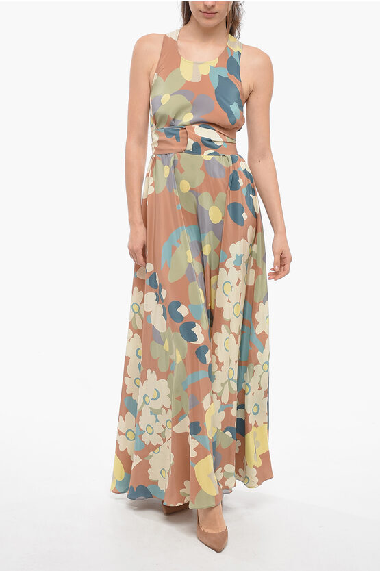 Aspesi Silk Belted Maxi Dress With Floral Pattern In Multi