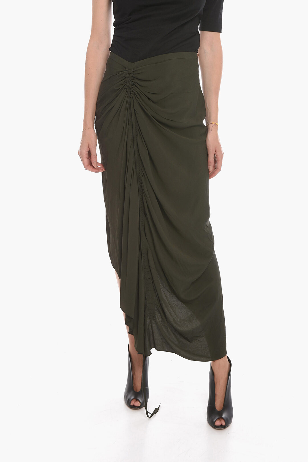 Silk Blend Asymmetric Skirt with Drawstring