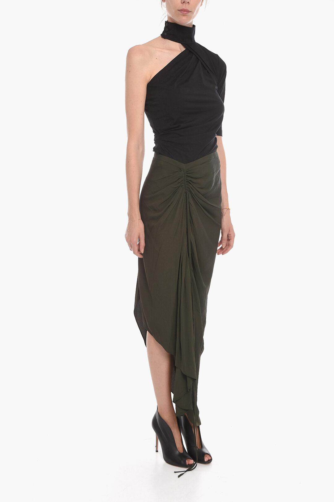 Silk Blend Asymmetric Skirt with Drawstring