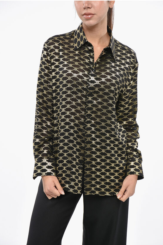 Celine Silk Blend Shirt With Lurex Monogram Motif In Brown