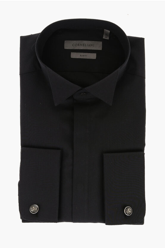 Corneliani Silk Blend Slim Fit Shirt With Wing-tip Collar In Black