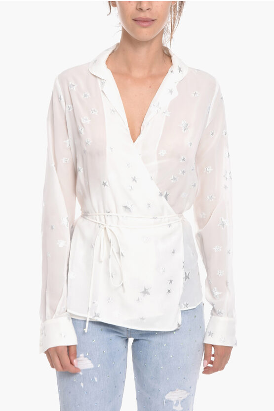 Amiri Silk Blend Wrap Shirt With Lurex Motif In White