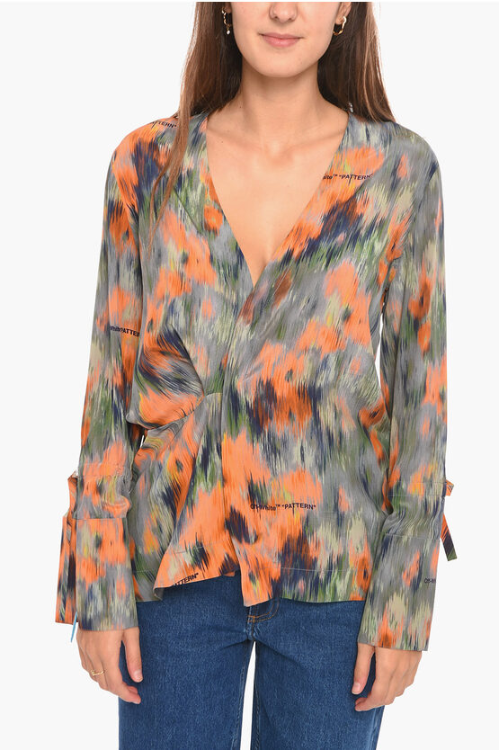 Shop Off-white Silk Blouse With Graphic Print And V-neckline