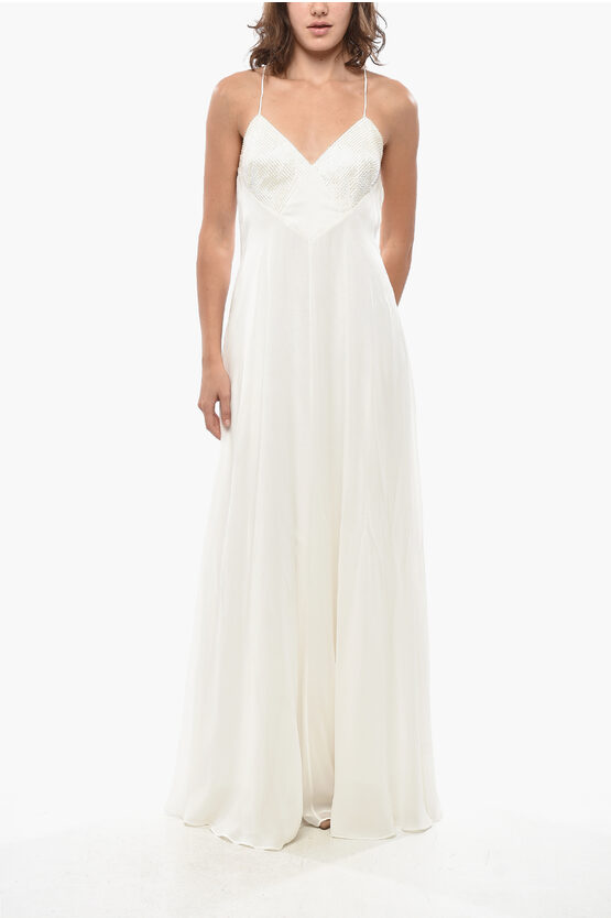 Max Mara Silk Calmi Maxi Dress With Embroidered Bustier In White