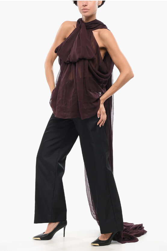 Saint Laurent Silk Crepe Blouse With Lavallière Neckline In Brown