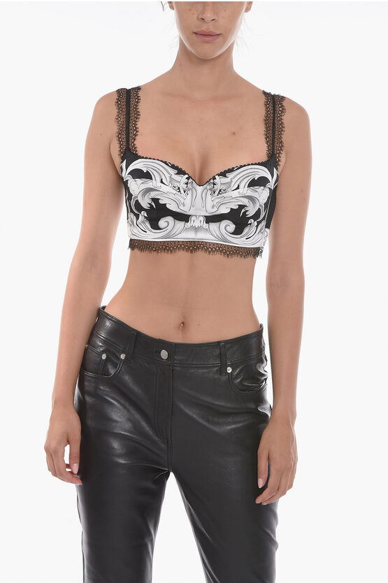 Versace Silk Cropped Top With Baroque Pattern And Lace Detail In Black