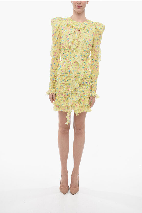 Alessandra Rich Silk Georgette Mini Dress With Ruffles In Yellow